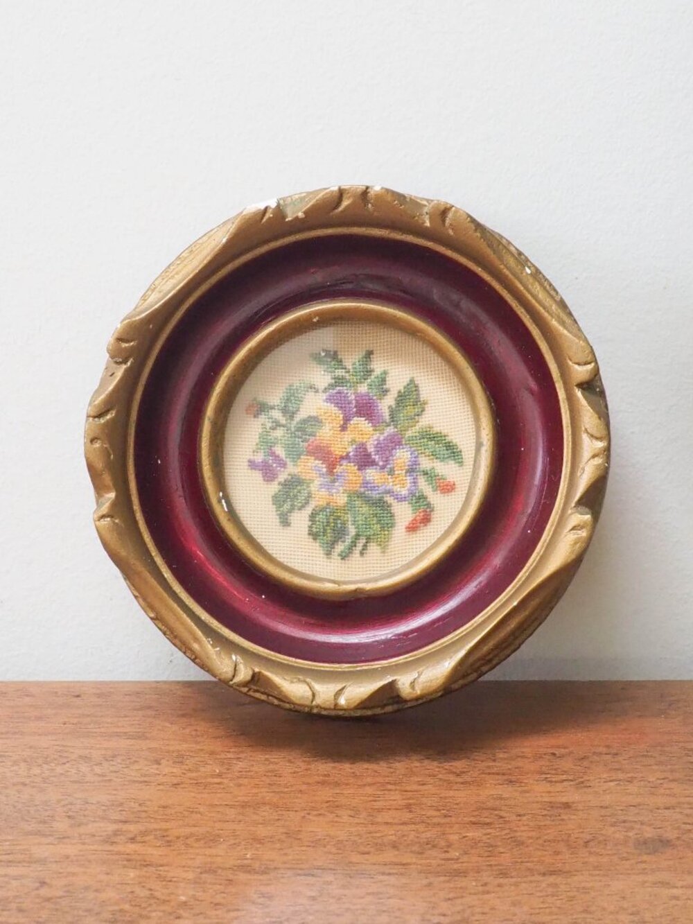 Vtg Framed Floral Petit Point - Vintage Framed Pansies Needlework Wall Art